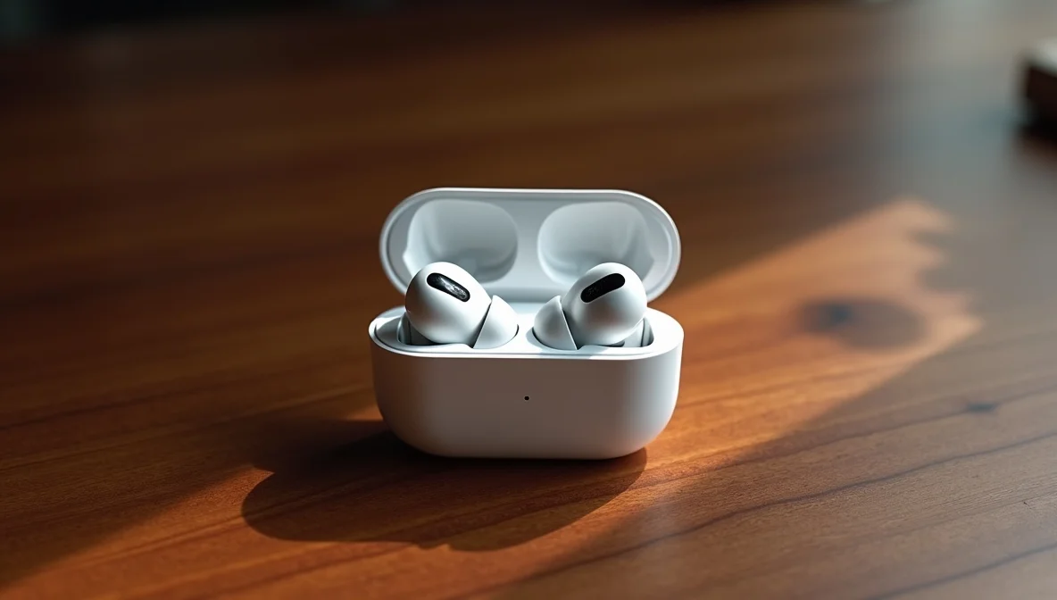 AirPods wireless earbuds in charging case on wooden desk