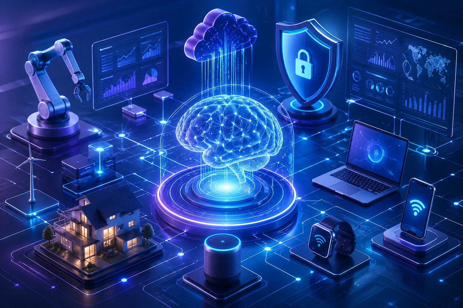 Futuristic AI brain with IoT devices, cybersecurity shield, and cloud network technology concept